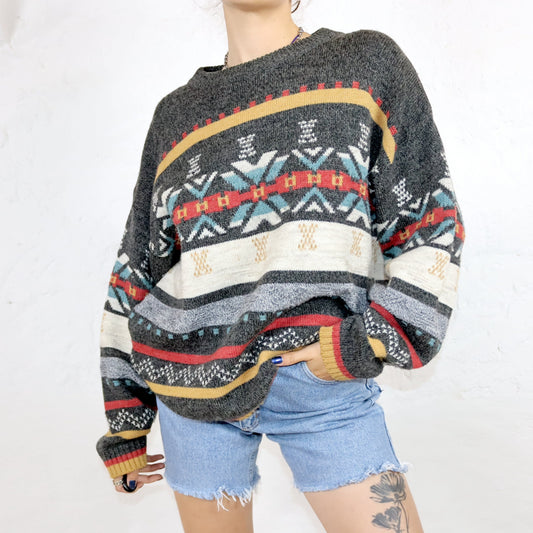 Vintage 80er 90er GAME OVER Pullover Strickpullover gemustert bunt 52 L/XL