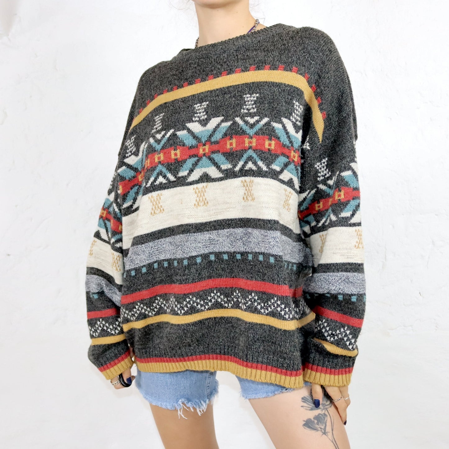 Vintage 80er 90er GAME OVER Pullover Strickpullover gemustert bunt 52 L/XL