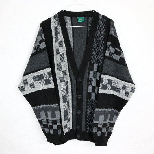Vintage 80er 90er CANDA Wollcardigan Cardigan Wolle gemustert grau schwarz L