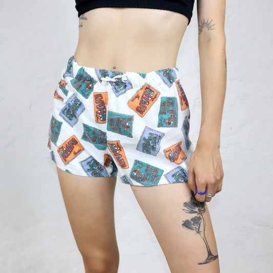 Vintage 80er 90er Shorts kurze Hose crazy pattern weiß bunt M