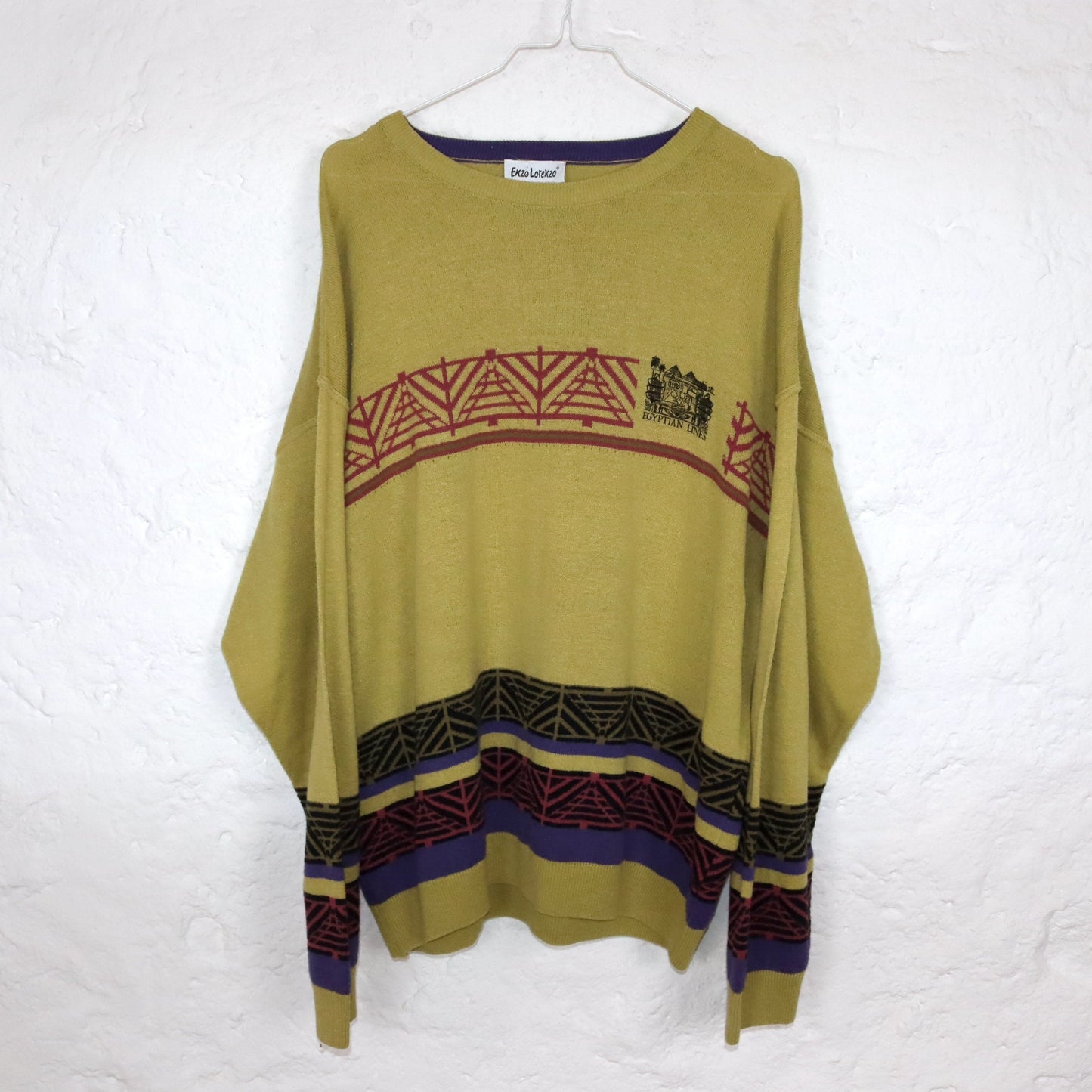 Vintage 80er 90er ENZO LORENZO dünner Pullover Muster gelb bunt 54 XL