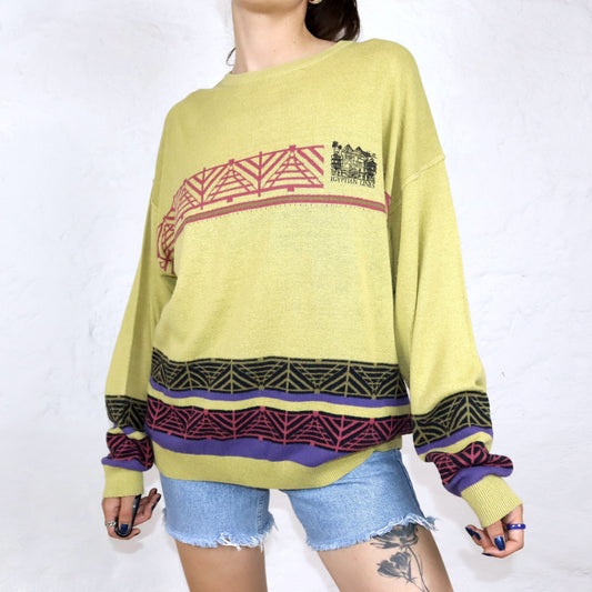 Vintage 80er 90er ENZO LORENZO dünner Pullover Muster gelb bunt 54 XL