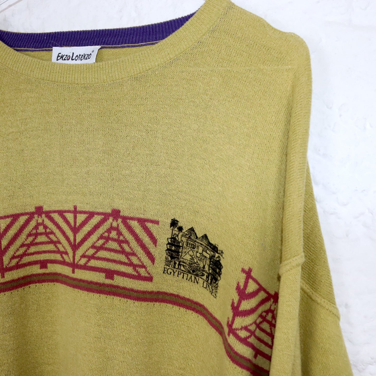 Vintage 80er 90er ENZO LORENZO dünner Pullover Muster gelb bunt 54 XL