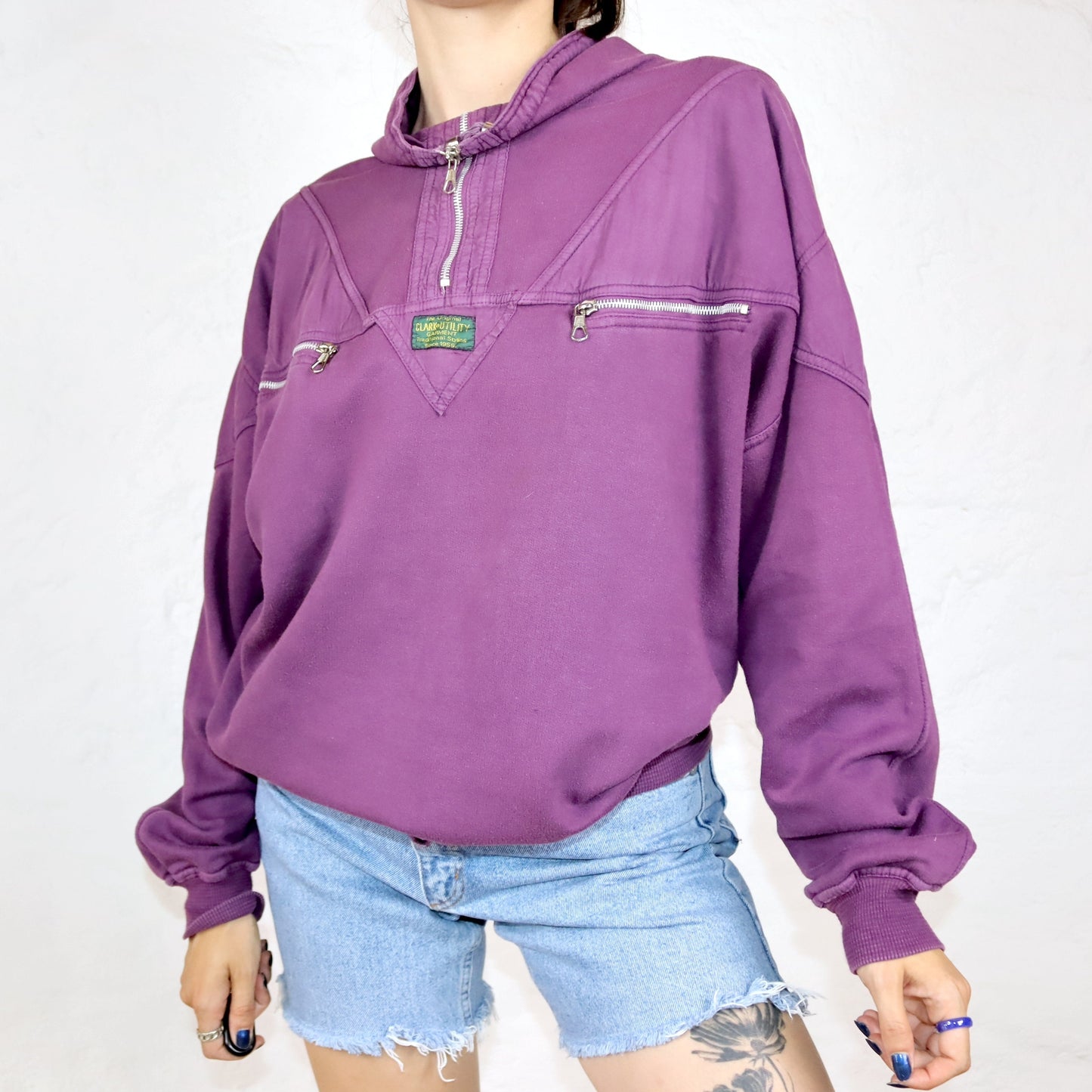 Vintage 80er 90er CLARK UTILITY Sweatshirt Pullover Stehkragen lila L