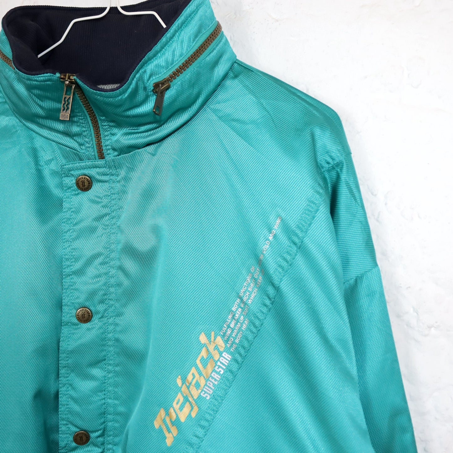 Vintage 80s 90s SUPER STAR thin jacket stand-up collar shiny turquoise M