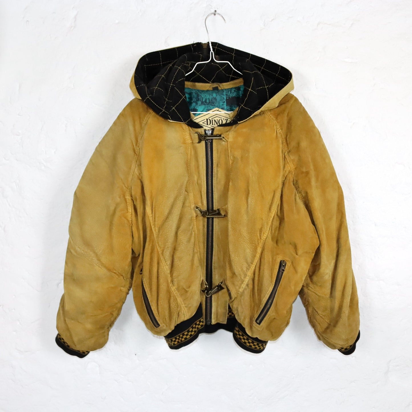 Vintage 80s 90s DINOZ suede jacket bomber jacket shoulder pads hood beige 40