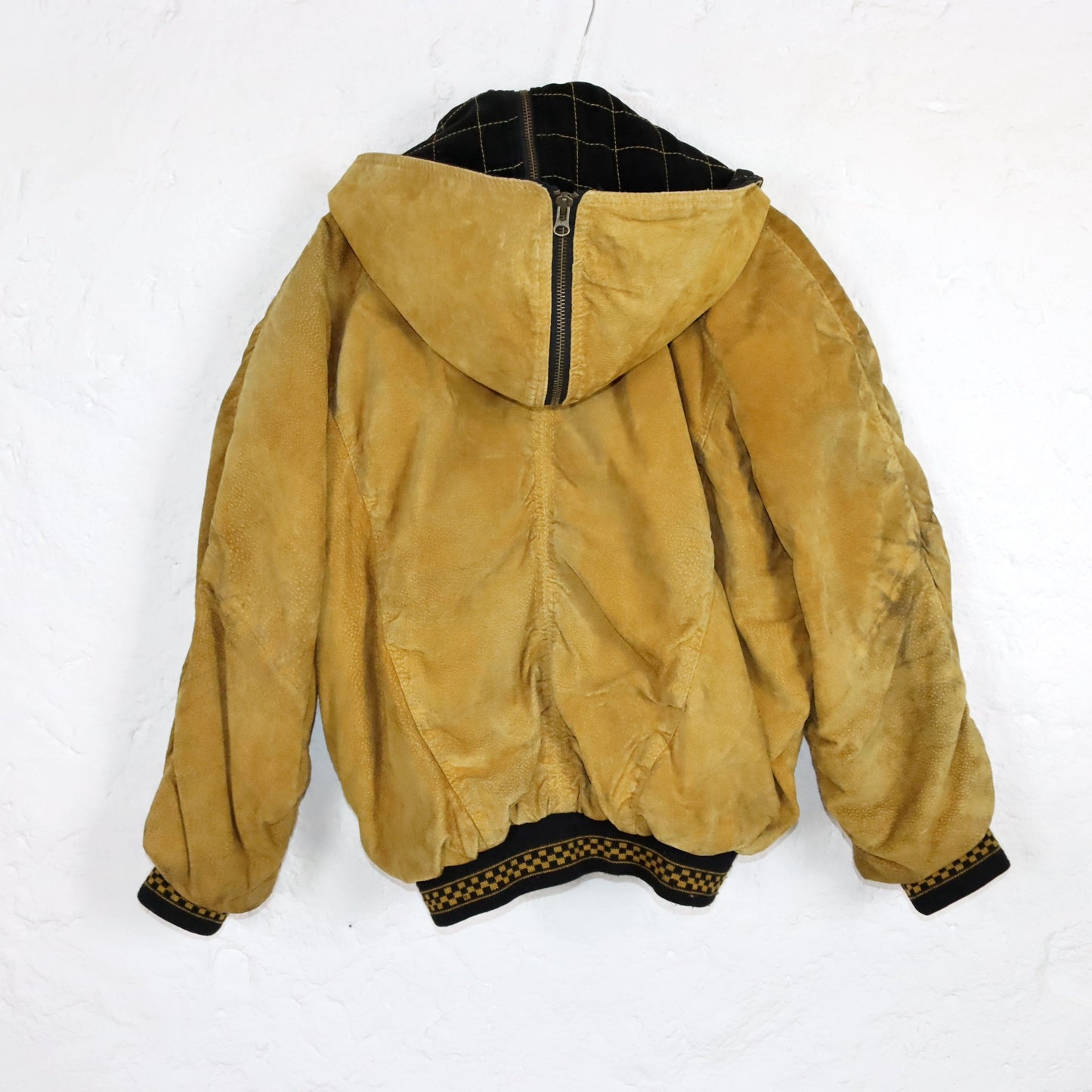 Vintage 80s 90s DINOZ suede jacket bomber jacket shoulder pads hood beige 40