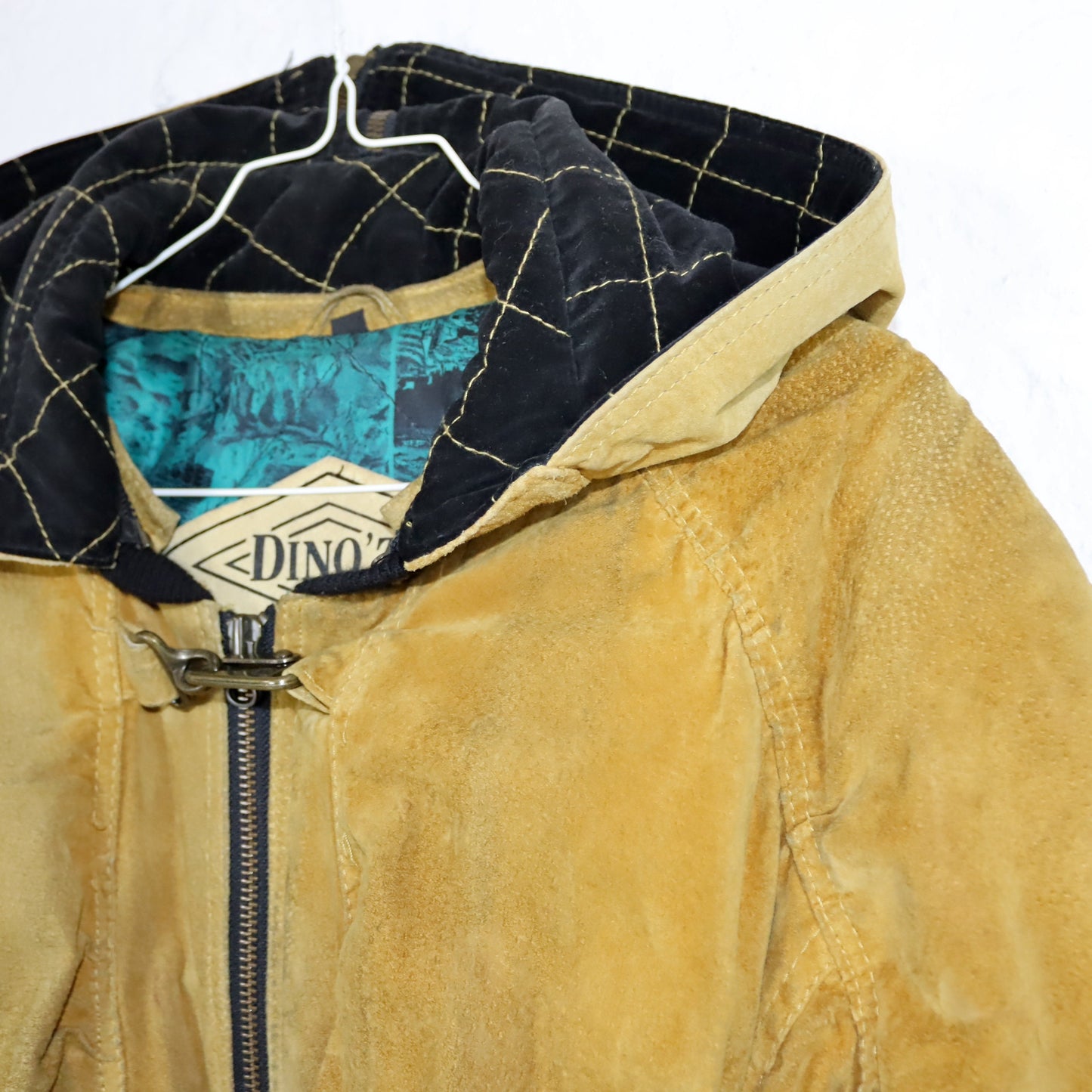 Vintage 80s 90s DINOZ suede jacket bomber jacket shoulder pads hood beige 40