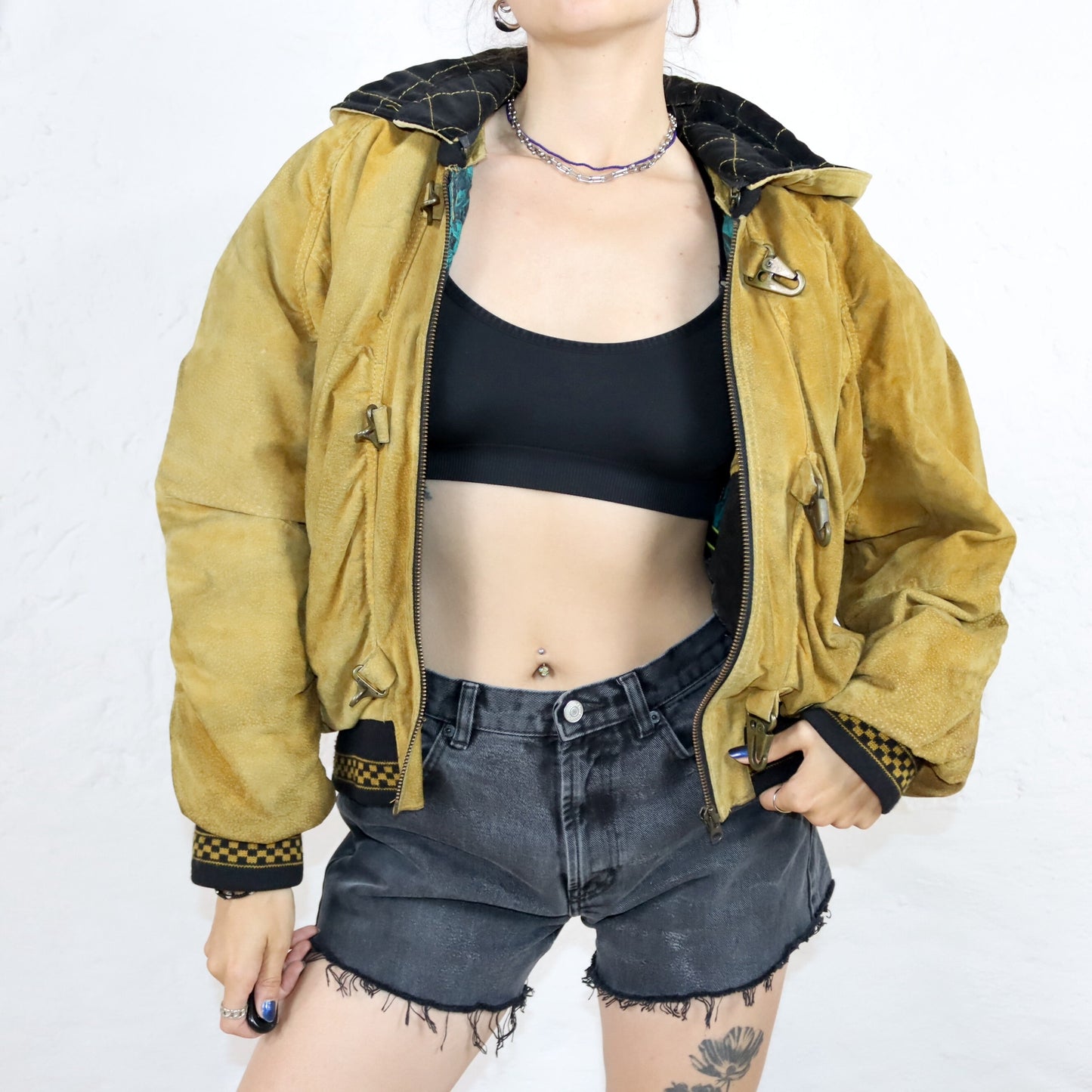 Vintage 80s 90s DINOZ suede jacket bomber jacket shoulder pads hood beige 40