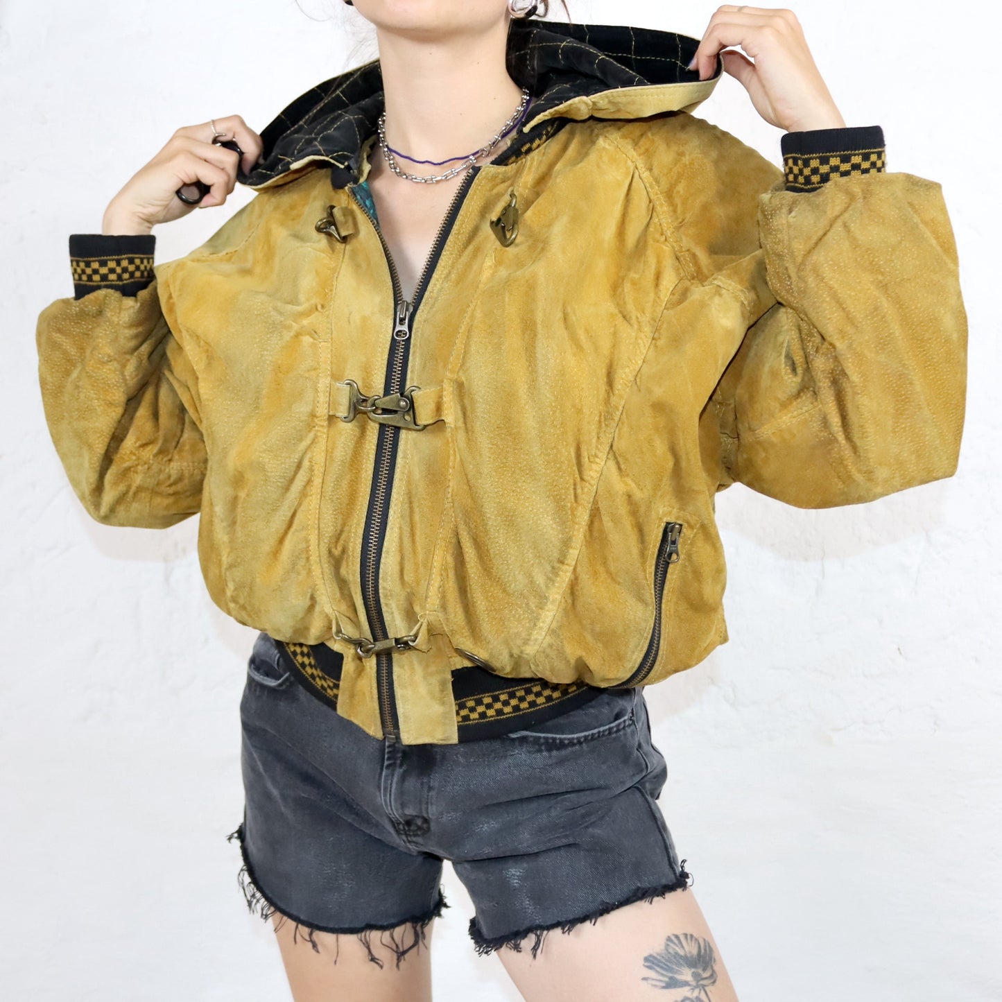 Vintage 80s 90s DINOZ suede jacket bomber jacket shoulder pads hood beige 40