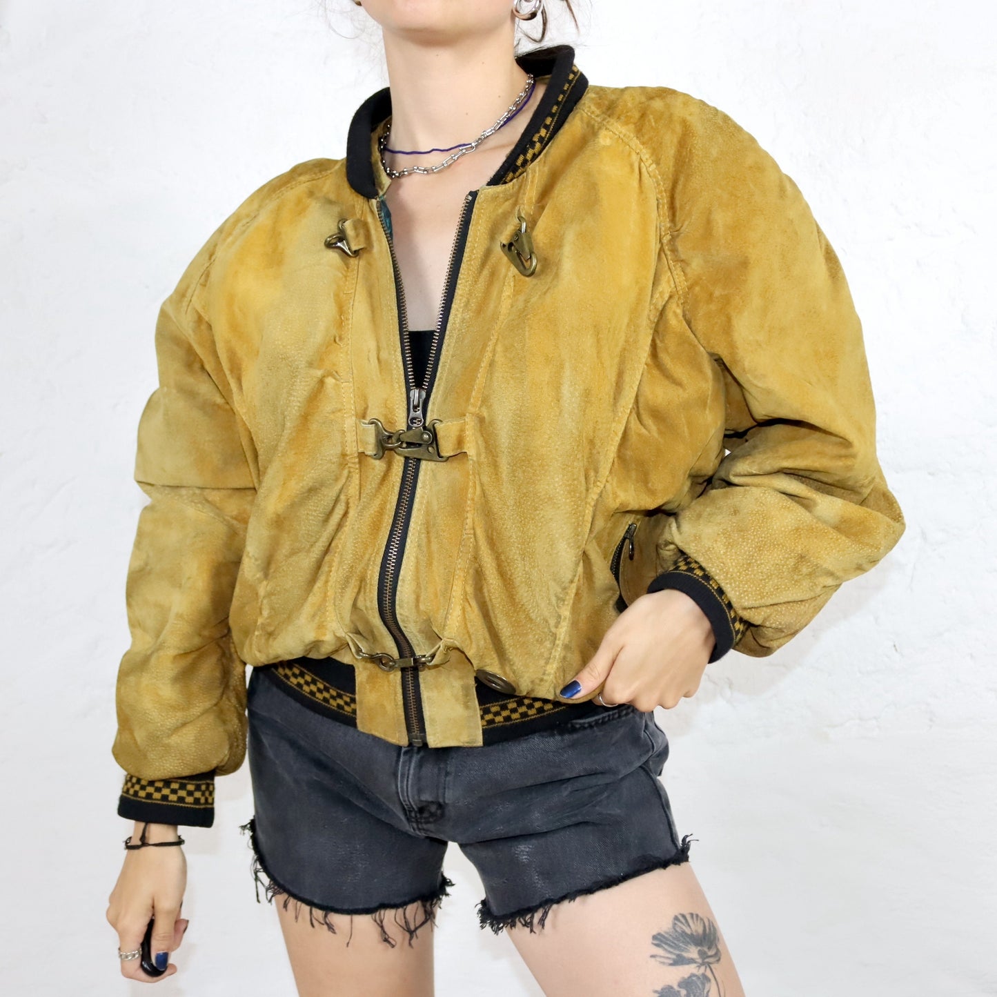 Vintage 80s 90s DINOZ suede jacket bomber jacket shoulder pads hood beige 40