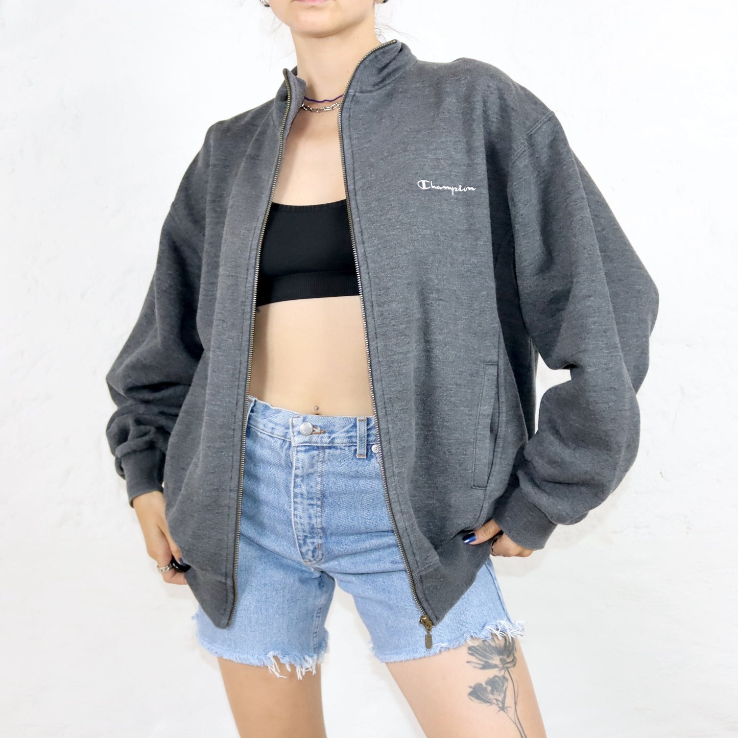 Vintage 80s 90s CHAMPION sweat jacket stand-up collar dark grey XL