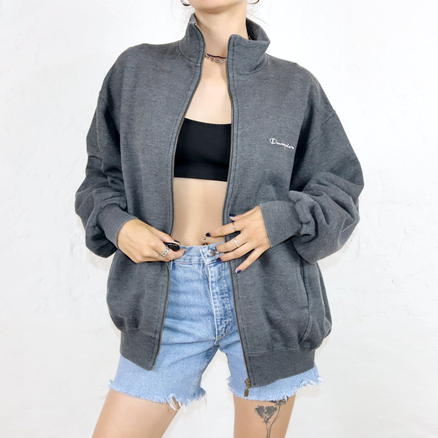 Vintage 80s 90s CHAMPION sweat jacket stand-up collar dark grey XL