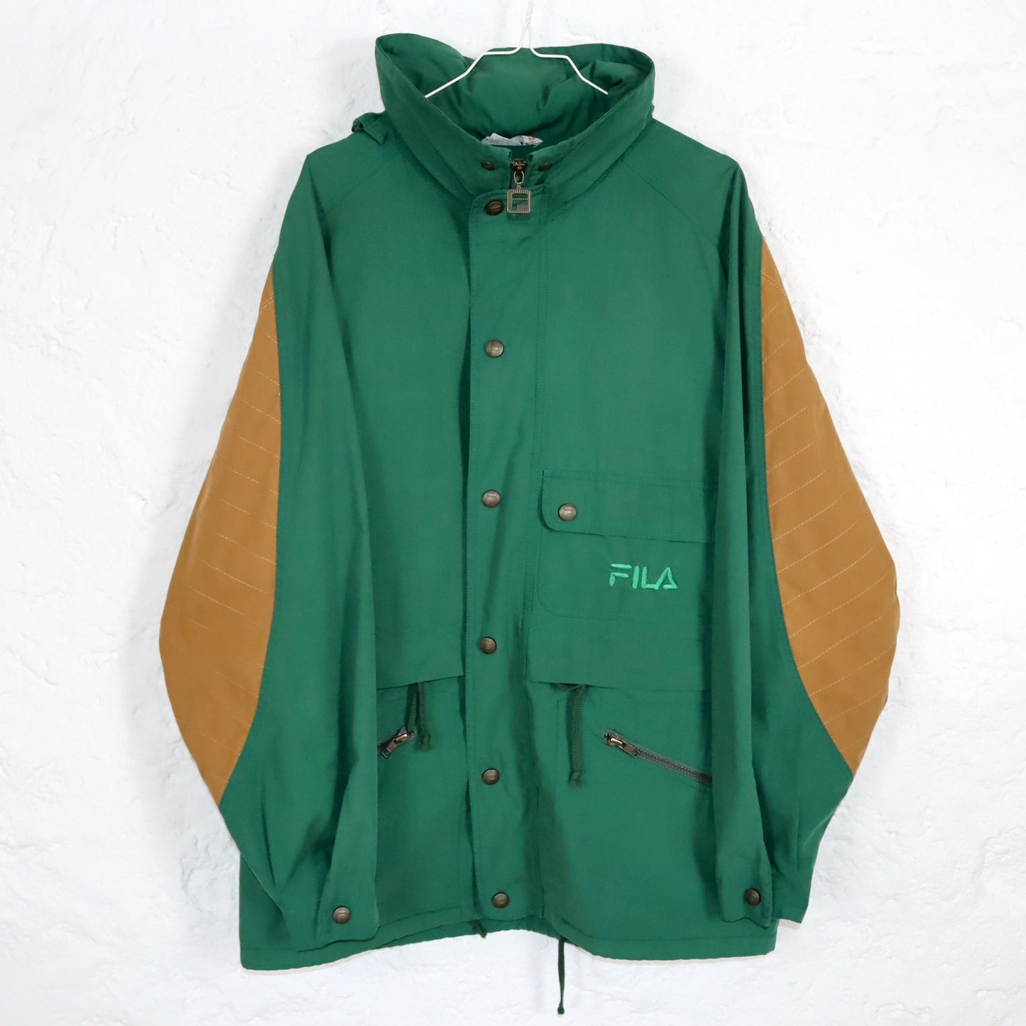 Vintage 80s 90s FILA thin jacket transition jacket green beige with hood L