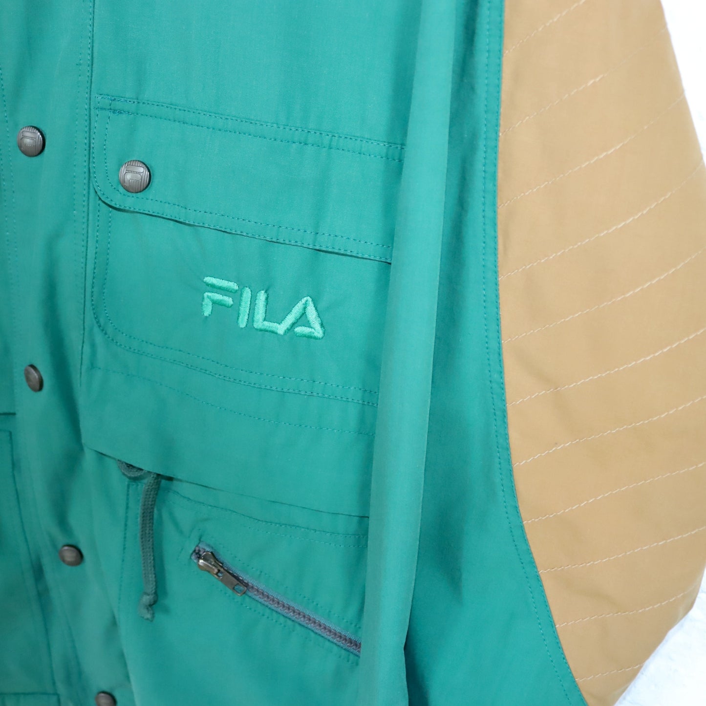 Vintage 80s 90s FILA thin jacket transition jacket green beige with hood L