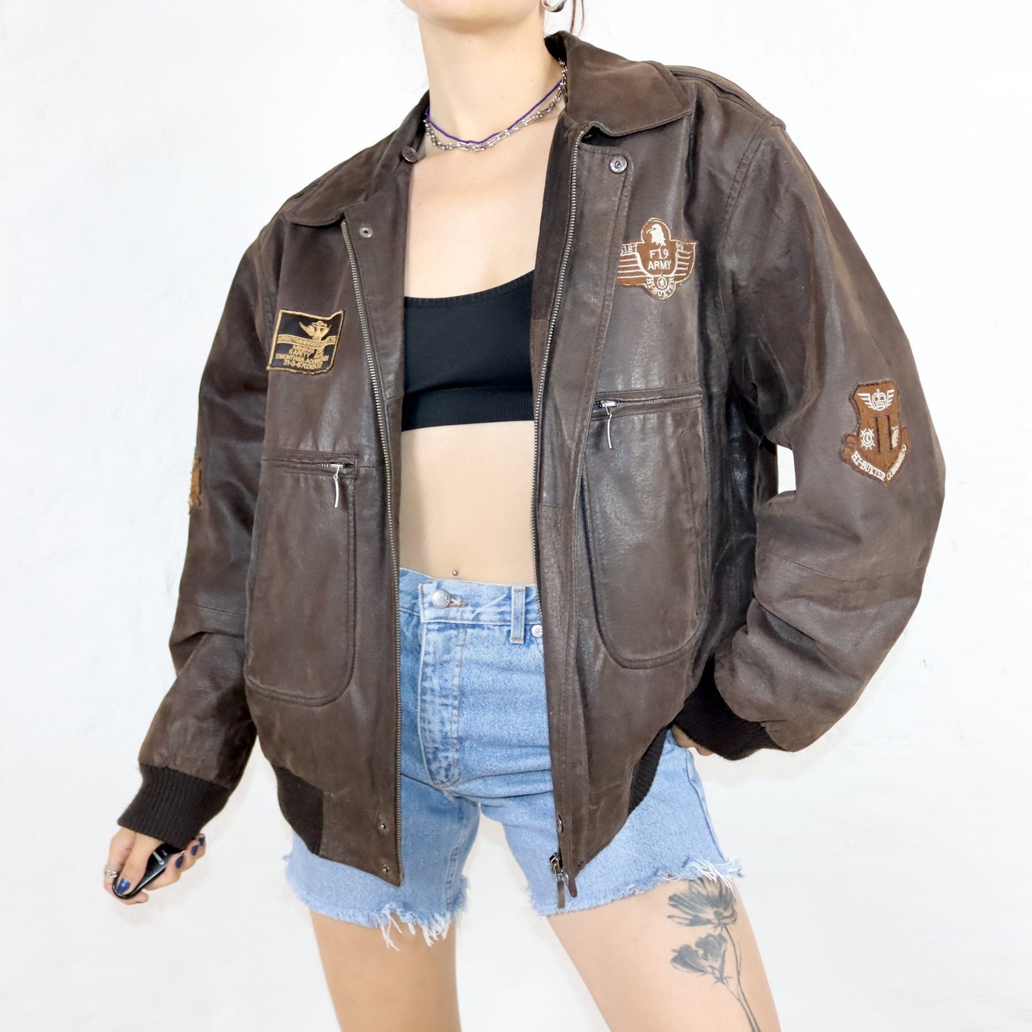 Vintage 80s 90s MONTES leather jacket biker jacket dark brown Army L