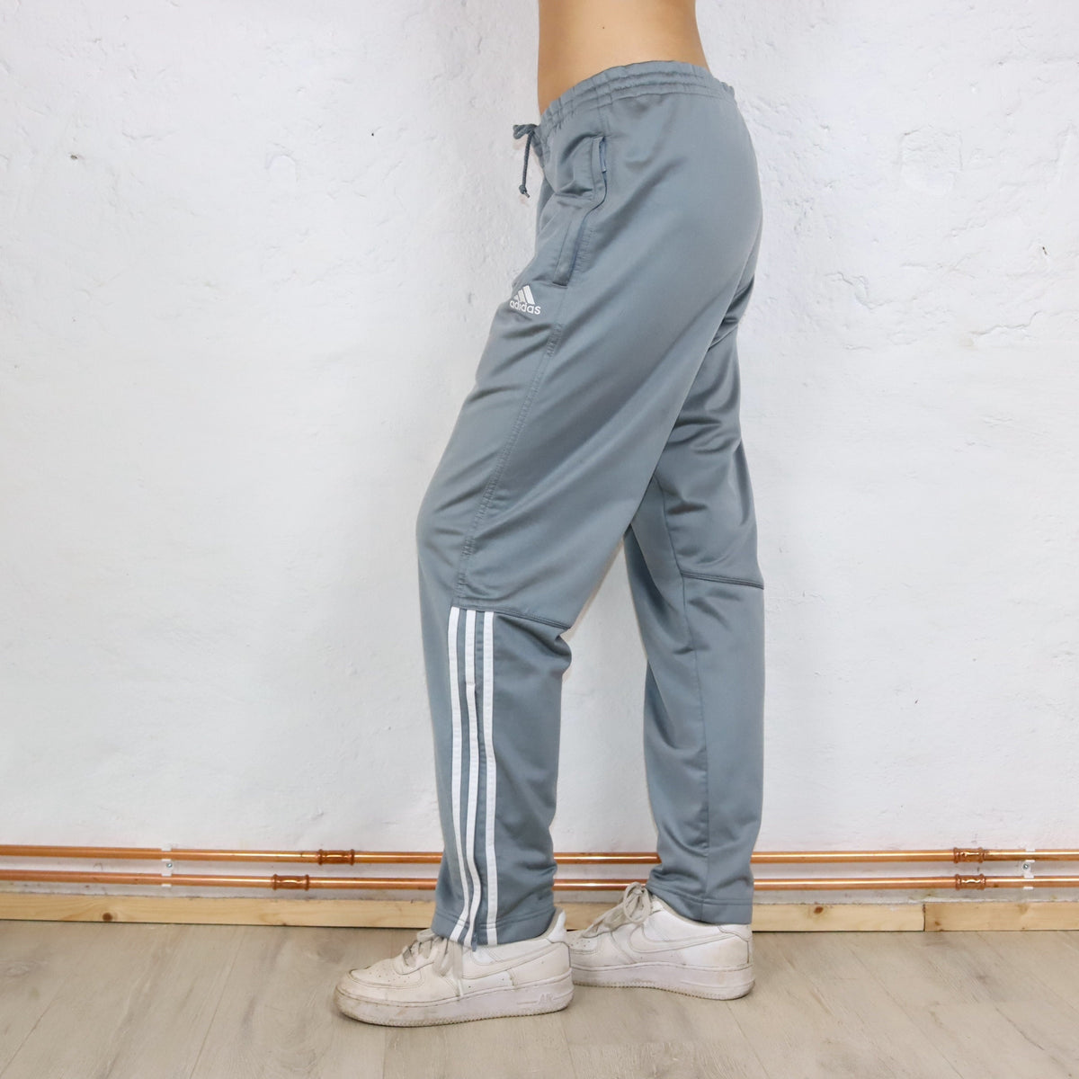 Vintage 80er 90er ADIDAS Jogginghose Trainingshose Baggy gerades Bein grau D4 L