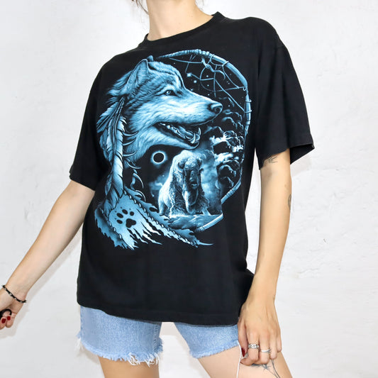 Vintage 80er 90er ROCKEAGLE T-Shirt Print Aufdruck Wolf schwarz blau L