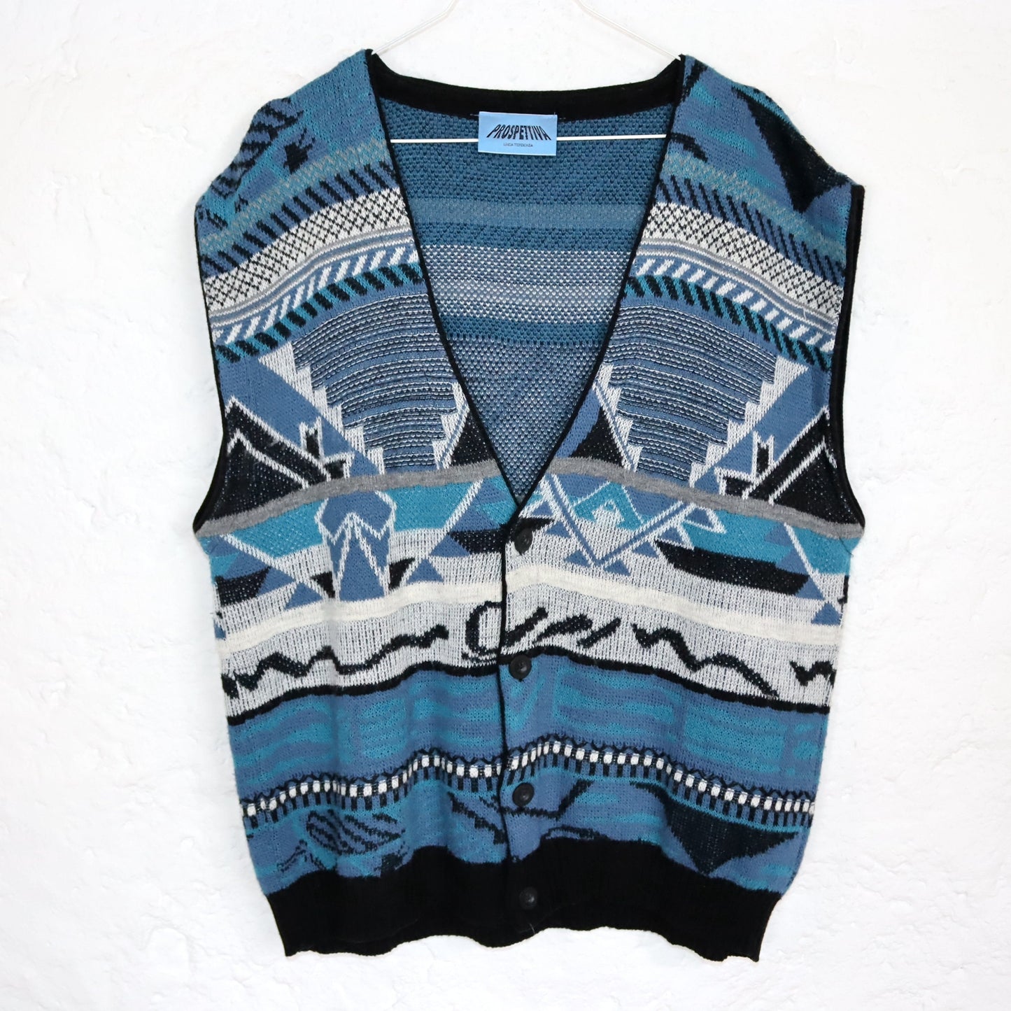 Vintage 80er 90er PROSPETIVA Weste Pullunder Cardigan Wolle gemustert crazy pattern 54 XL