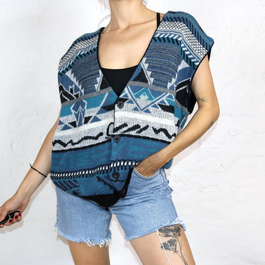 Vintage 80er 90er PROSPETIVA Weste Pullunder Cardigan Wolle gemustert crazy pattern 54 XL