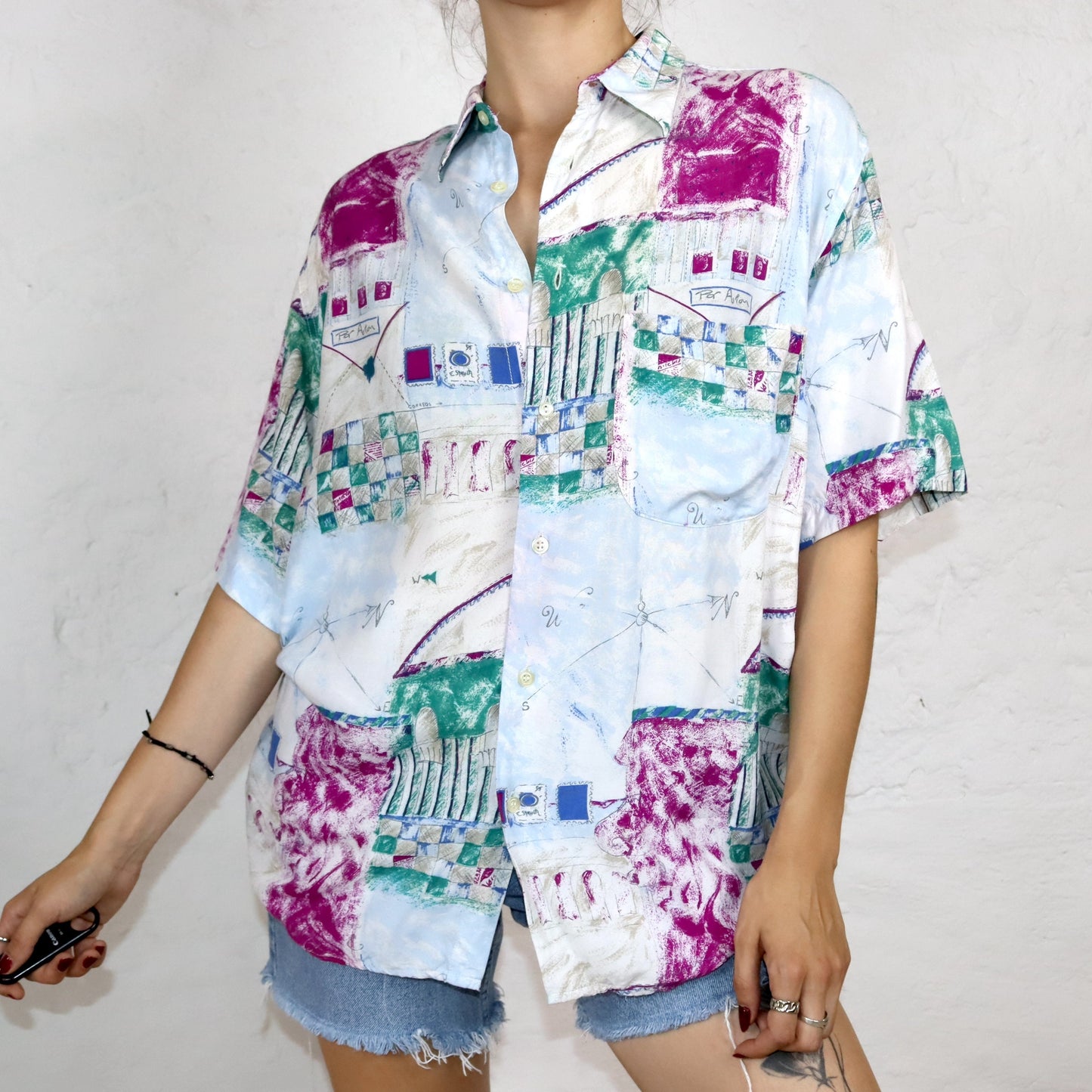 Vintage 80s 90s EMM shirt short sleeve crazy pattern colorful M