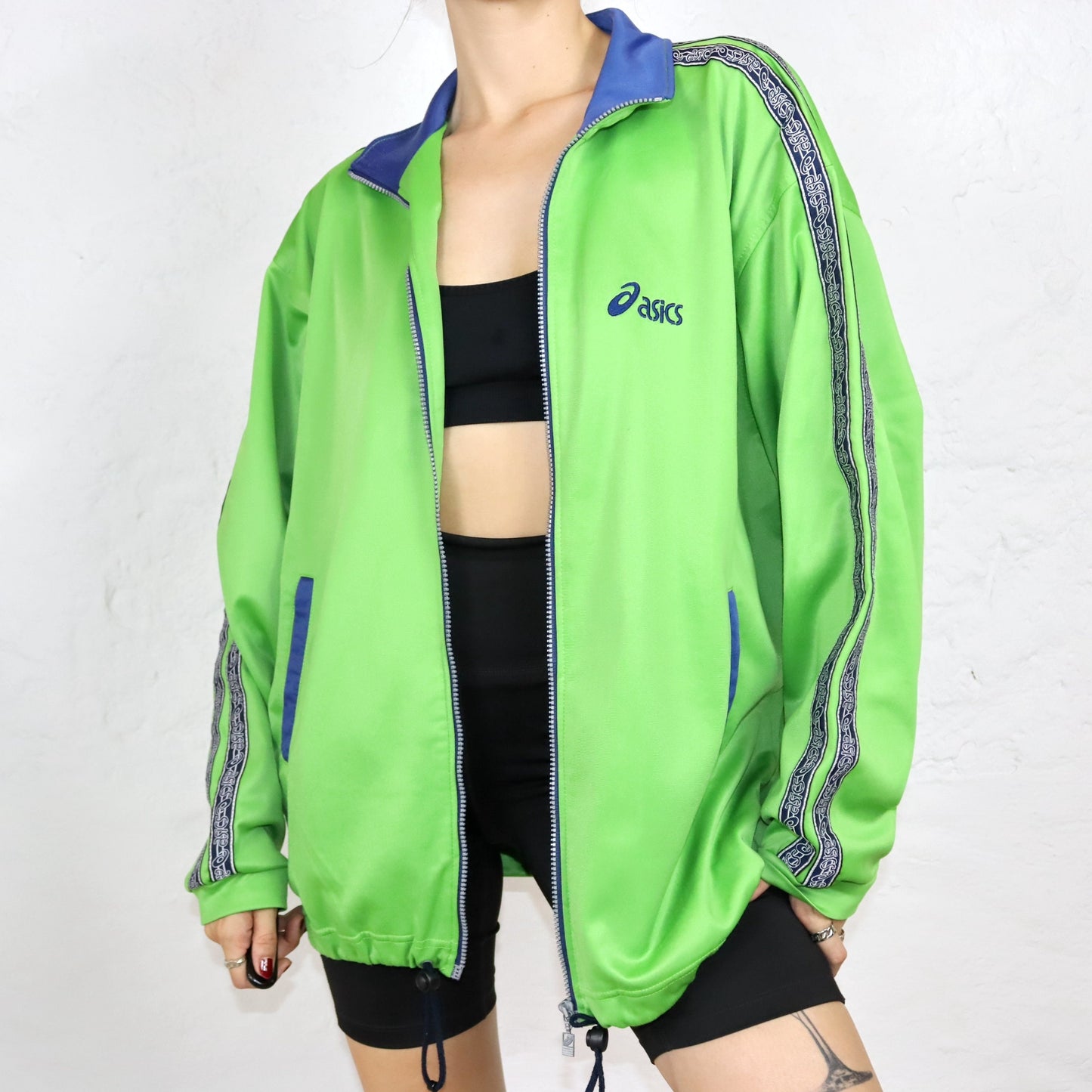 Vintage 80s 90s ASICS tracksuit jacket stand-up collar green dark blue XL