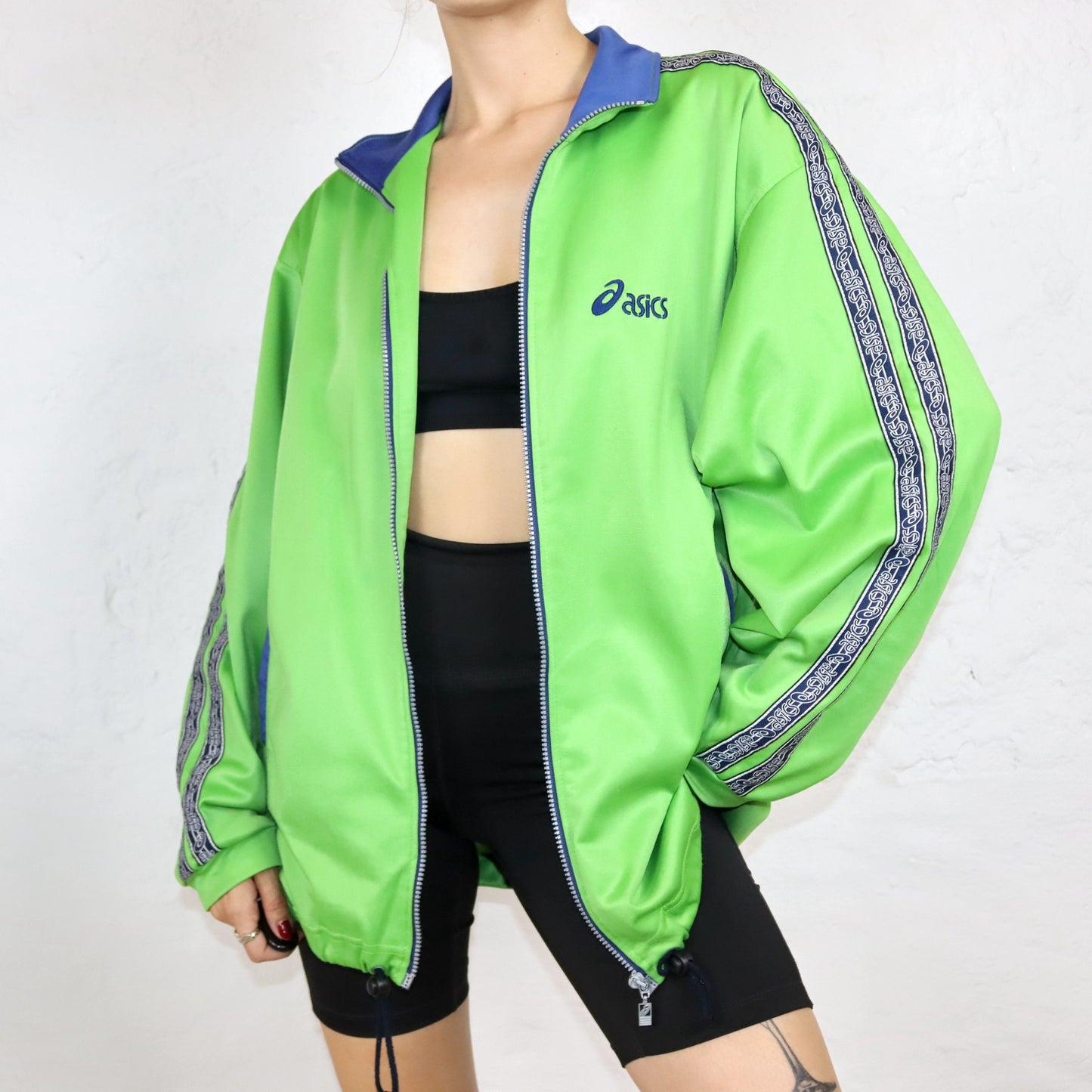 Vintage 80s 90s ASICS tracksuit jacket stand-up collar green dark blue XL
