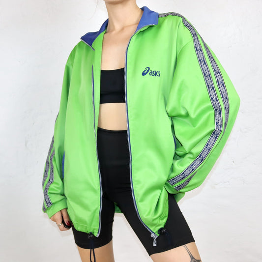 Vintage 80er 90er ASICS Trainingsjacke Jacke Stehkragen grün dunkelblau XL