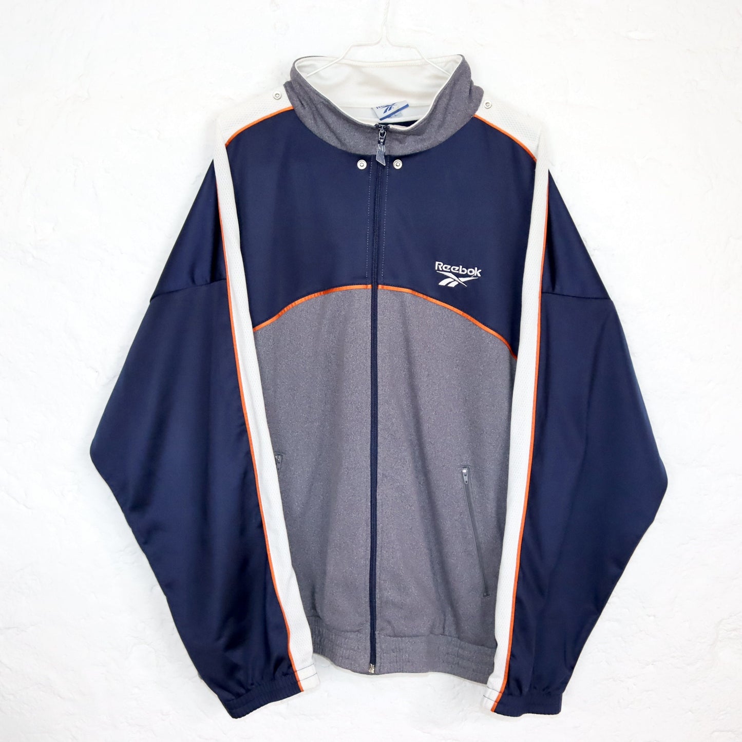 Vintage 80s 90s REEBOK tracksuit jacket stand-up collar grey orange dark blue L
