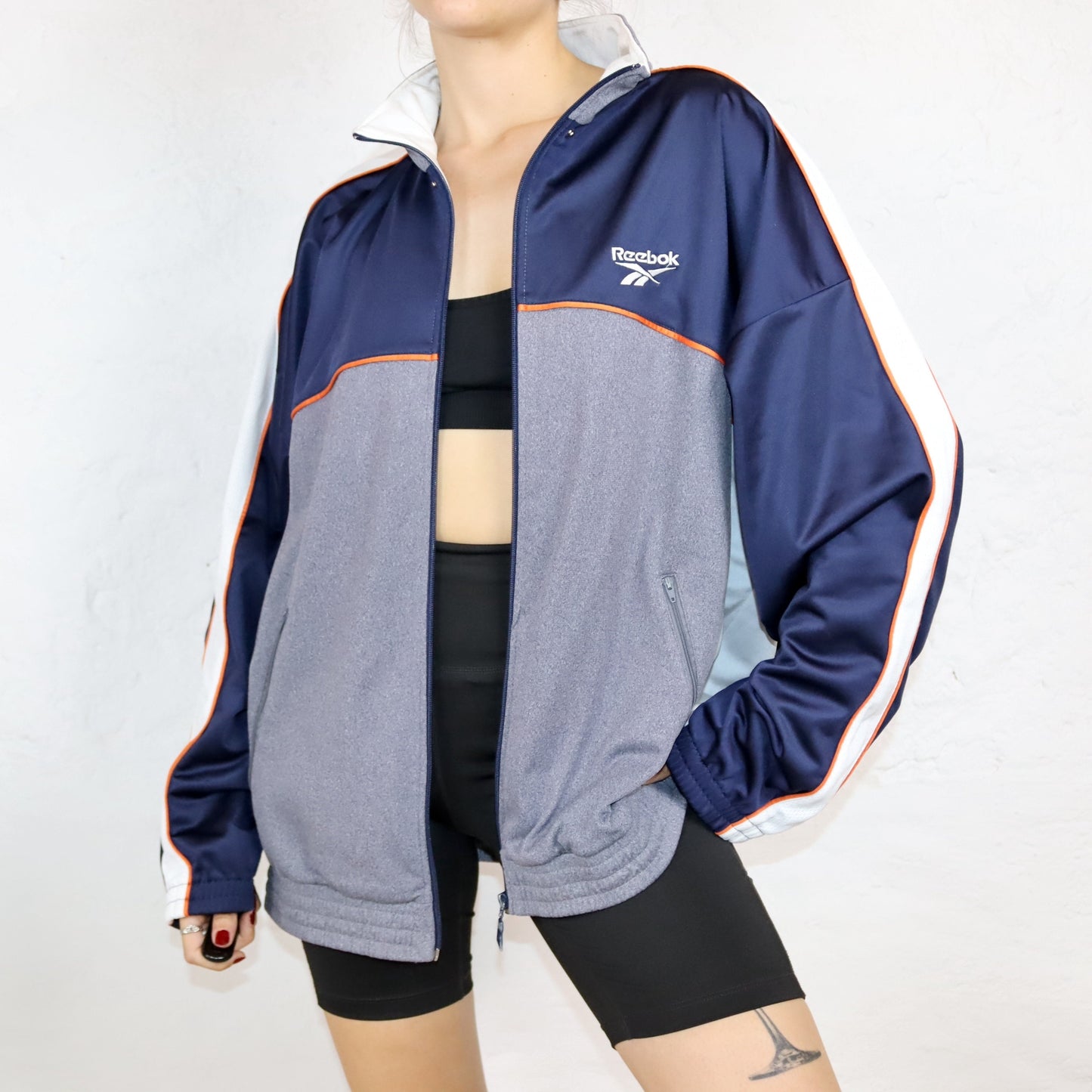 Vintage 80s 90s REEBOK tracksuit jacket stand-up collar grey orange dark blue L