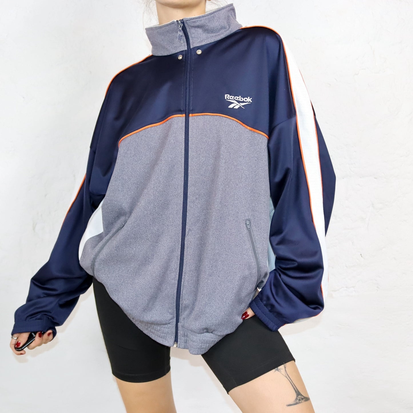 Vintage 80s 90s REEBOK tracksuit jacket stand-up collar grey orange dark blue L