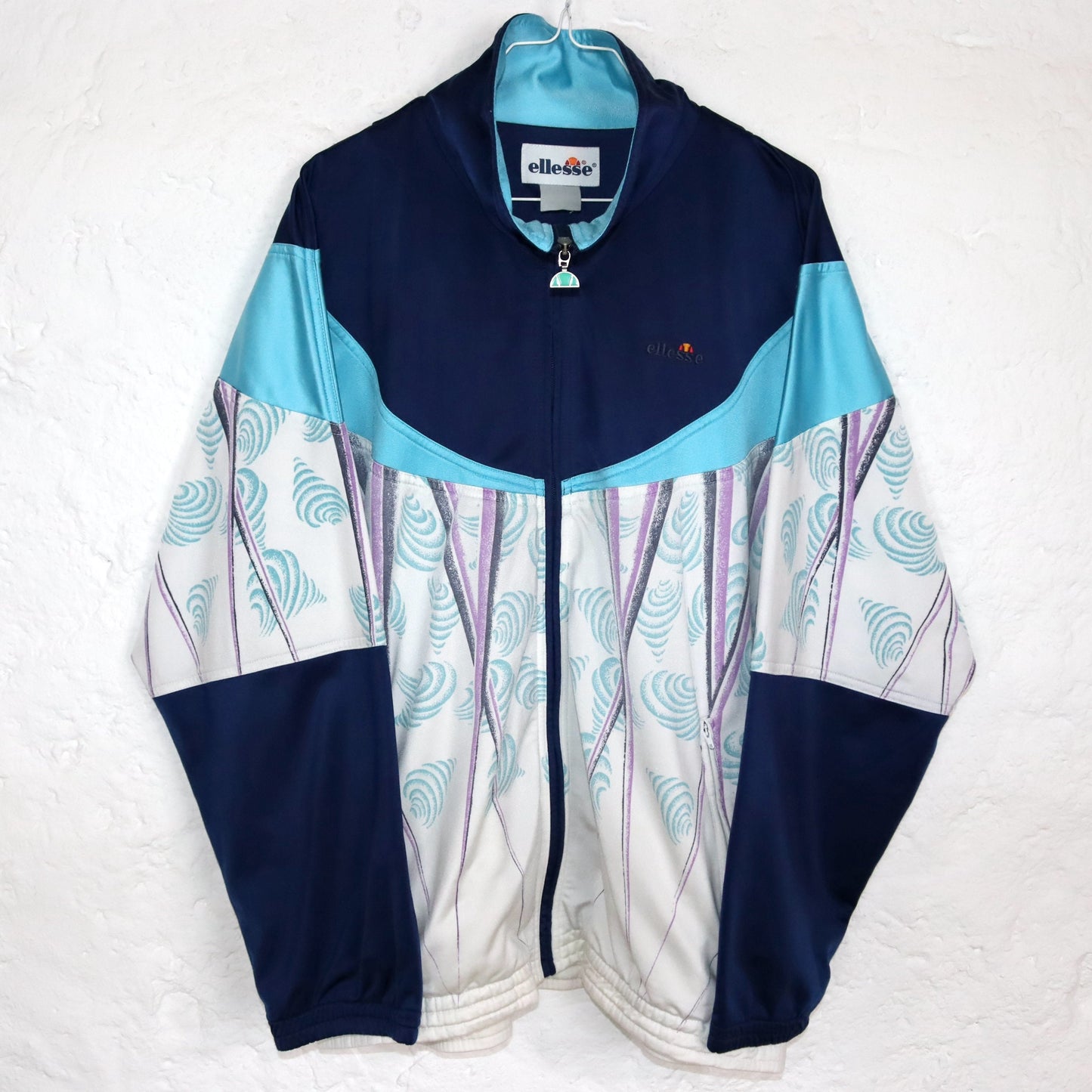 Vintage 80s 90s ELLESSE tracksuit jacket crazy pattern stand-up collar blue white XL