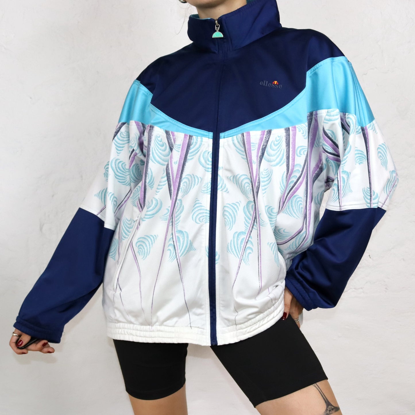 Vintage 80s 90s ELLESSE tracksuit jacket crazy pattern stand-up collar blue white XL