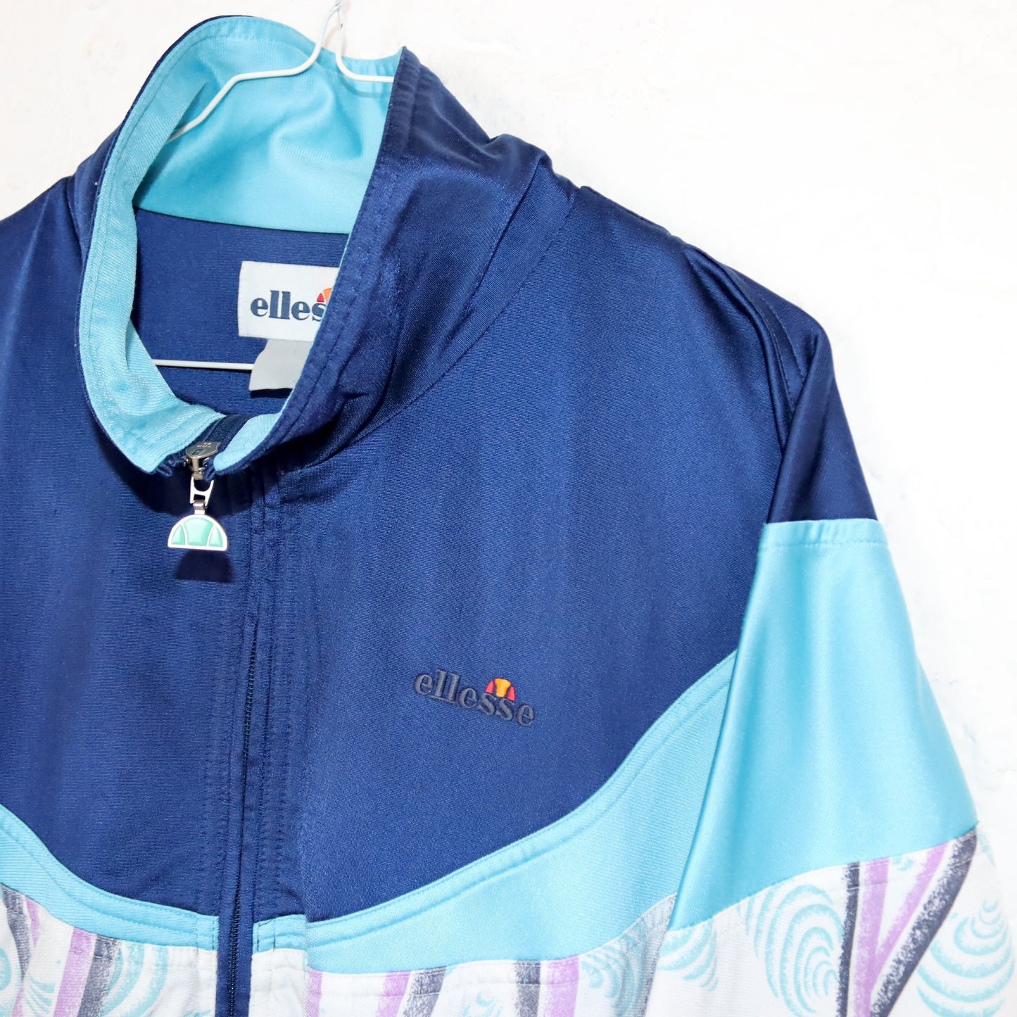 Vintage 80s 90s ELLESSE tracksuit jacket crazy pattern stand-up collar blue white XL