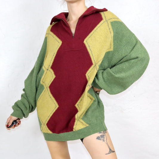 Vintage 80er 90er ENRICO COVERI Wollpullover Wolle Pullover Rollkragen Stehkragen kariert grün rot gelb XL