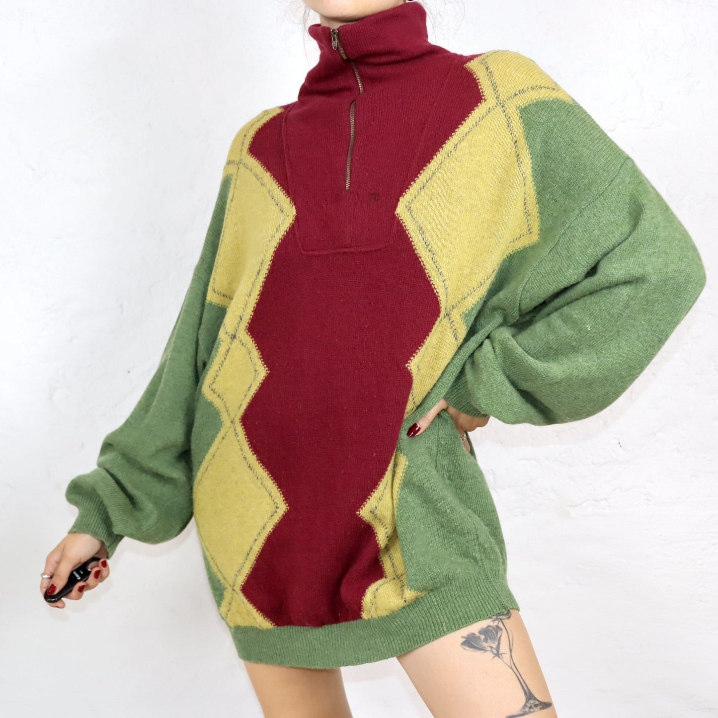 Vintage 80er 90er ENRICO COVERI Wollpullover Wolle Pullover Rollkragen Stehkragen kariert grün rot gelb XL