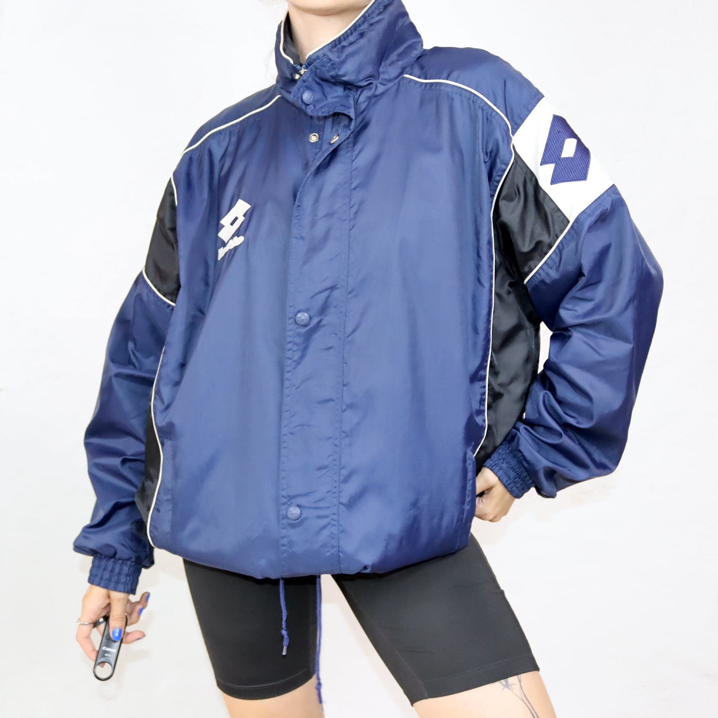 Vintage 80s 90s LOTTO rain jacket windbreaker blue white stand-up collar