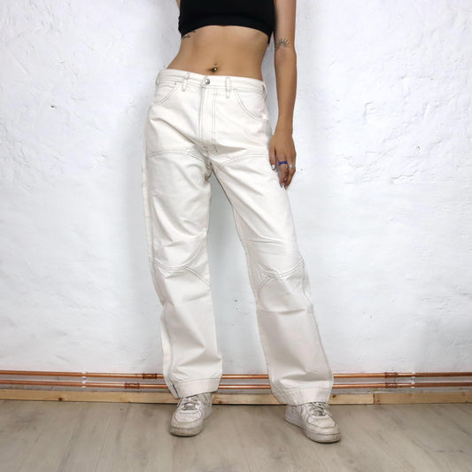 Vintage 90er 00er Y2k DIESEL Baggy Hose weites Bein Cargohose cremeweiß W30