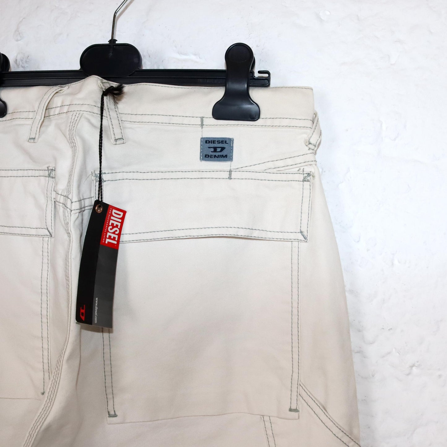 Vintage 90er 00er Y2k DIESEL Baggy Hose weites Bein Cargohose cremeweiß W30