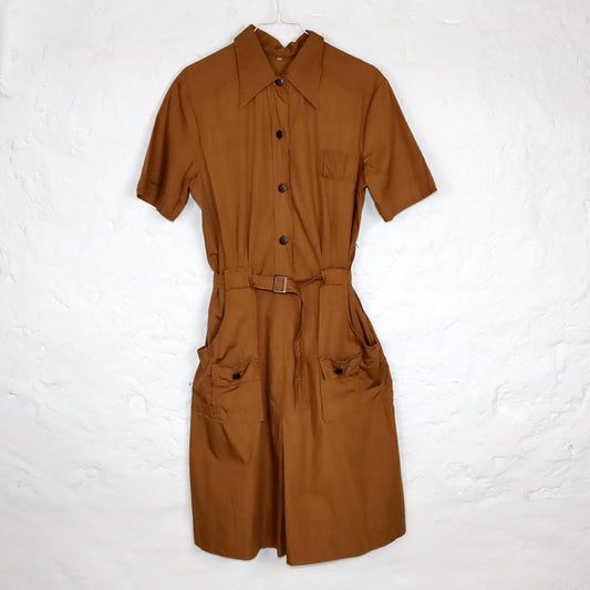 Vintage 80er 90er Midikleid Kleid kurzarm mit Gürtel Knopfreihe braun S/M