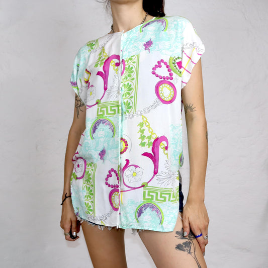 Vintage 80er 90er Bluse kurzarm crazy pattern weiß bunt M
