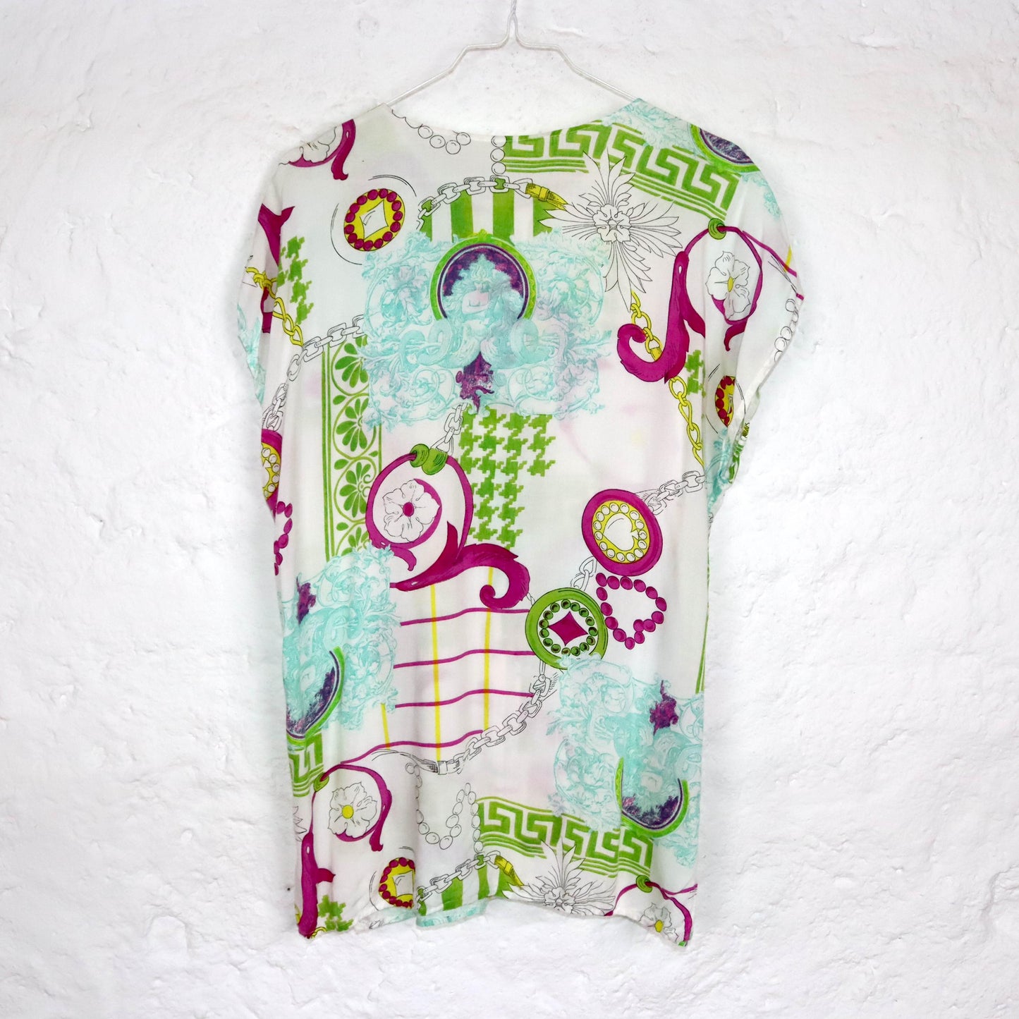 Vintage 80s 90s blouse short sleeve crazy pattern white colorful M