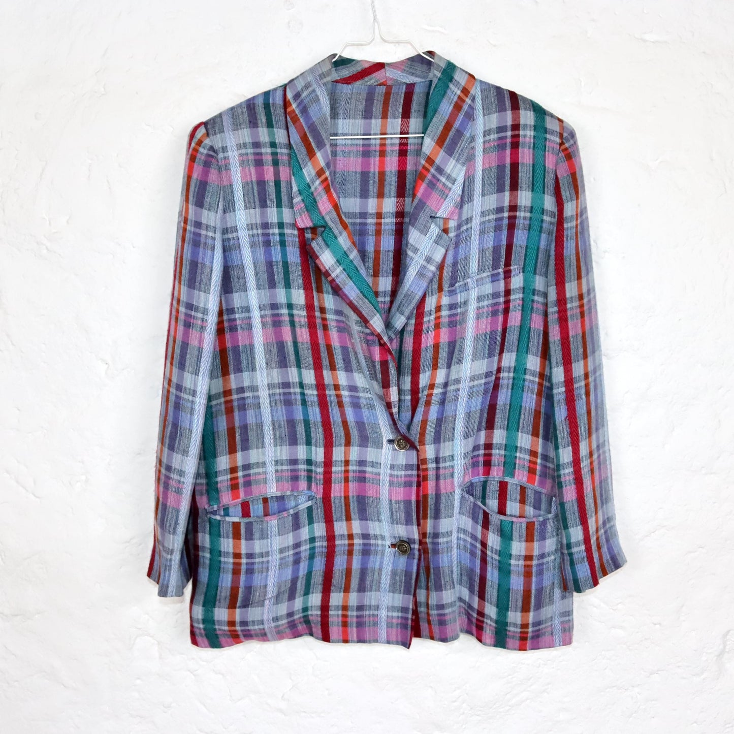 Vintage 80s 90s blazer linen checked colorful shoulder pads M