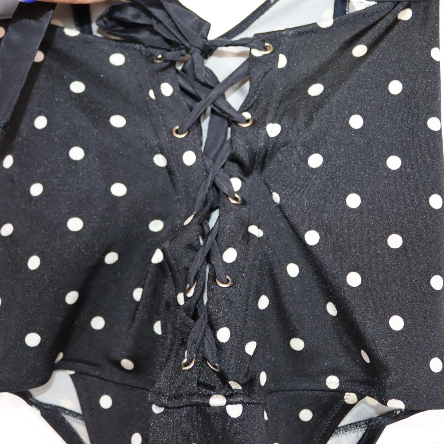 Vintage 80er 90er ANNCLUB Body Badeanzug Bandeaubody Tubetop gepunktet zum Binden S