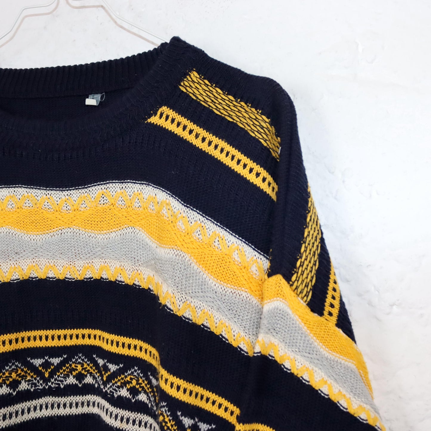 Vintage 80er 90er Coogi Style Pullover Strickpullover gemustert dunkelblau gelb L