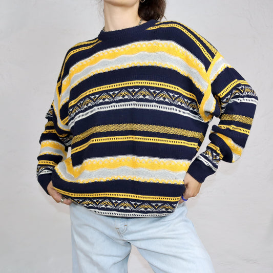 Vintage 80er 90er Coogi Style Pullover Strickpullover gemustert dunkelblau gelb L