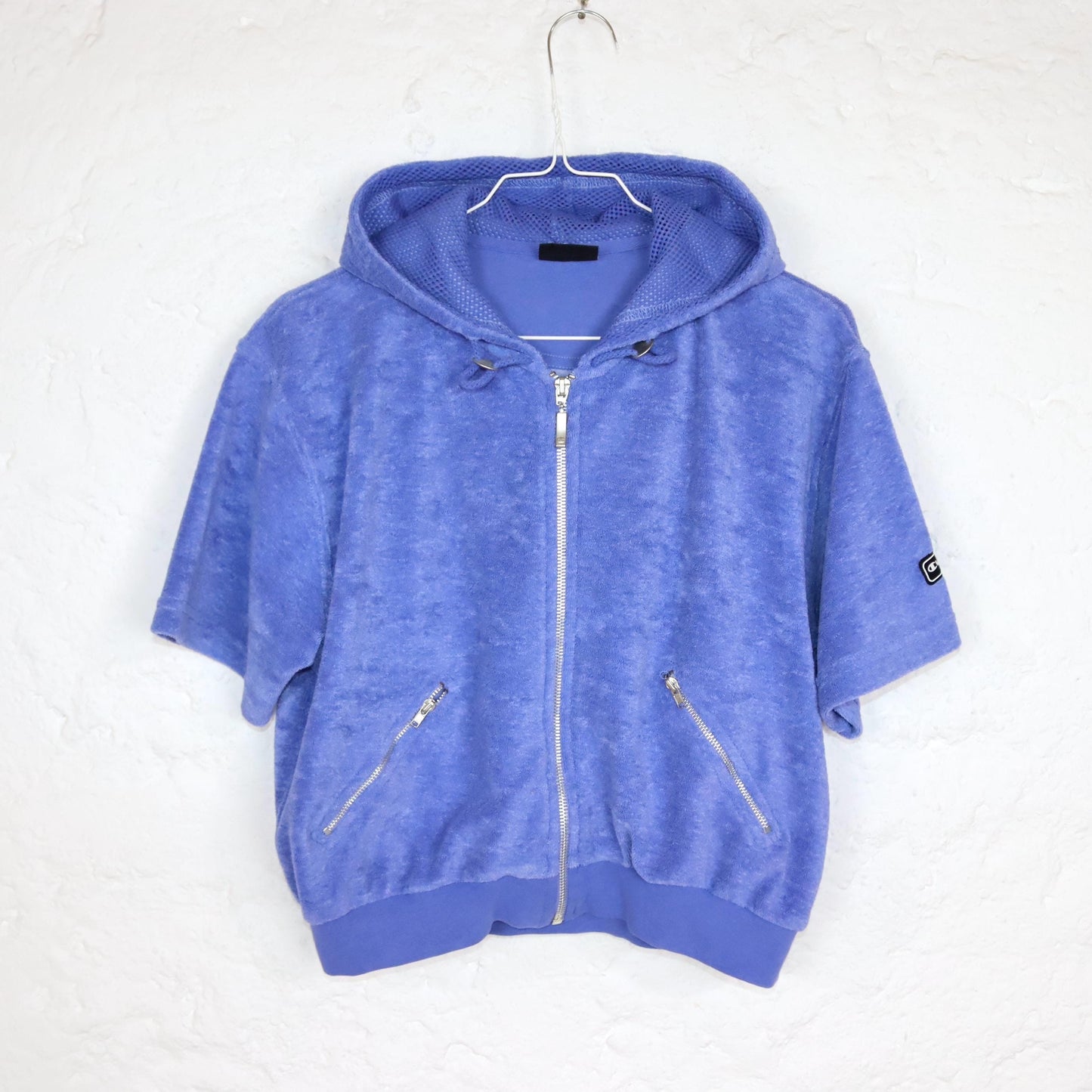 Vintage 80s 90s CHAMPION crop jacket short sleeve with hood terry cloth blue L