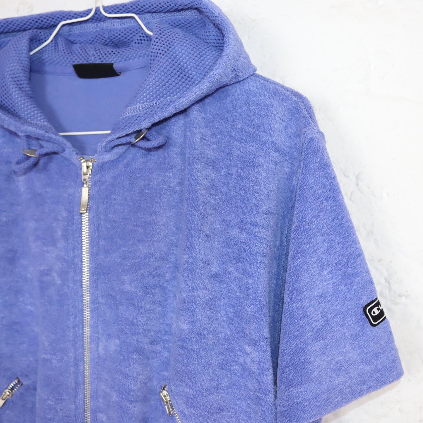 Vintage 80s 90s CHAMPION crop jacket short sleeve with hood terry cloth blue L