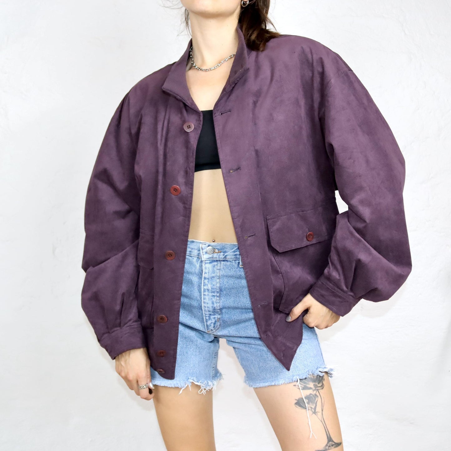 Vintage 80s 90s ODERMARK bomber jacket blouson suede look purple 54 L