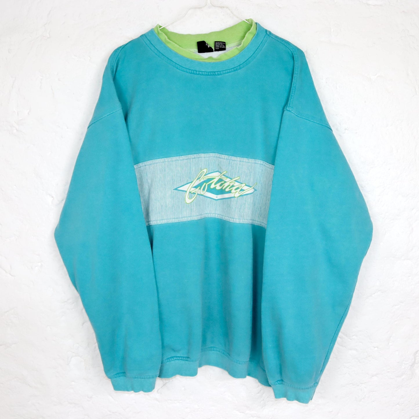 Vintage 80er 90er GOICHA Sweatshirt Pullover türkis blau gestreift Print L